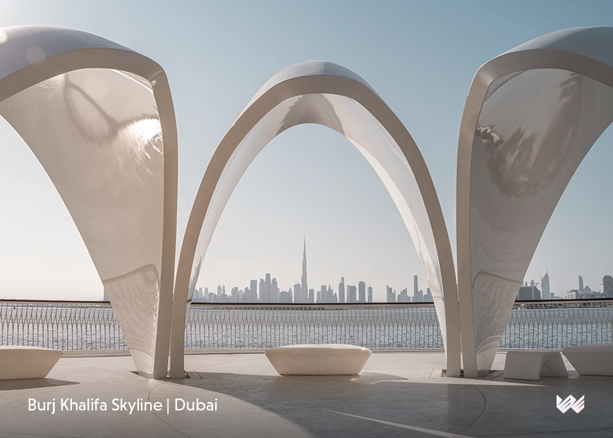 Burj Khalifa Skyline in Dubai. Image shows a modern sculpture