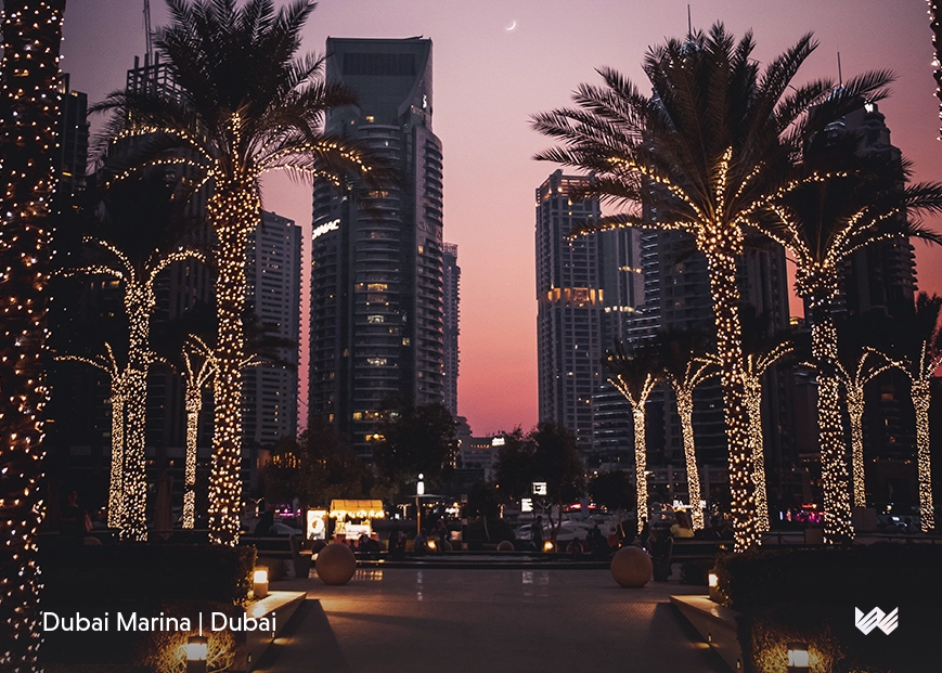Dubai Marina image showing some palm trees with lights on