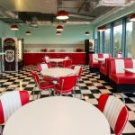 Inside of an American themed break room. looks like an American diner
