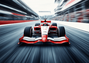 A Formula 1 car driving fast on a track towards the camera.