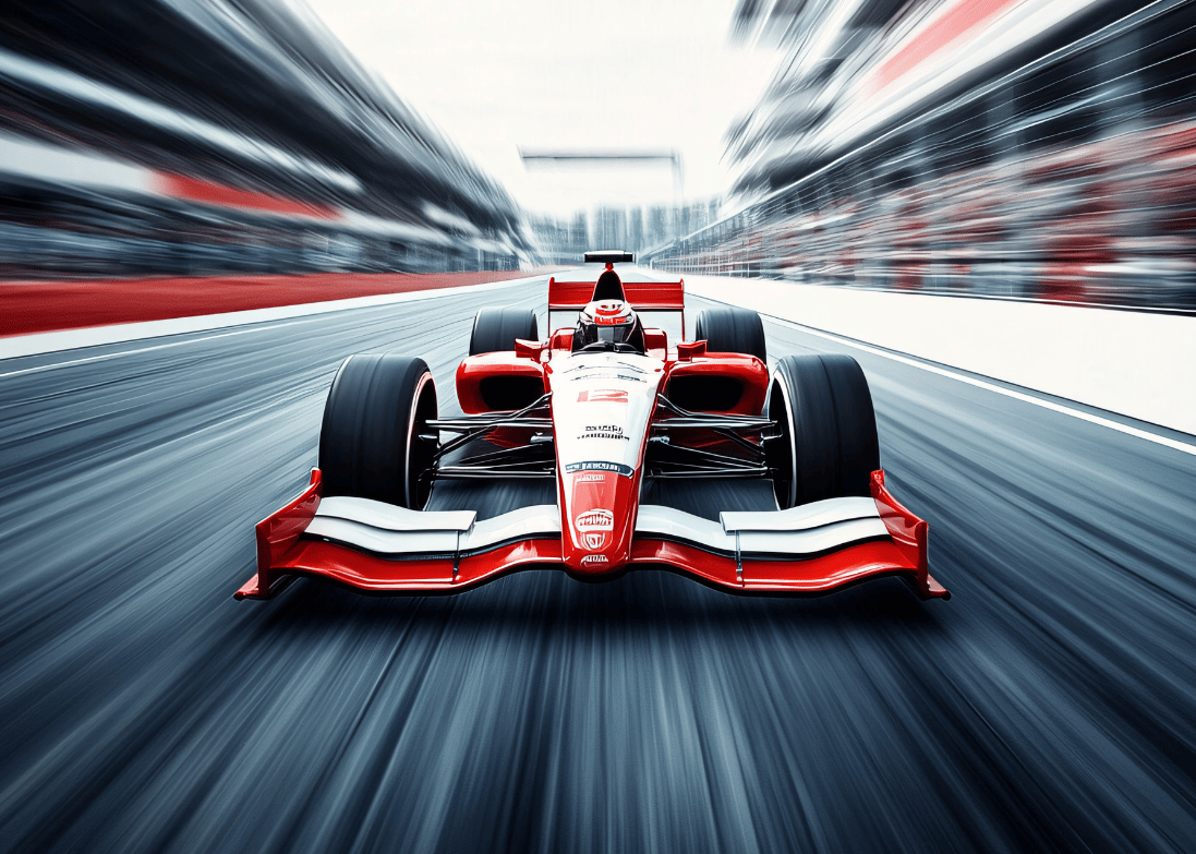 A Formula 1 car driving fast on a track towards the camera.